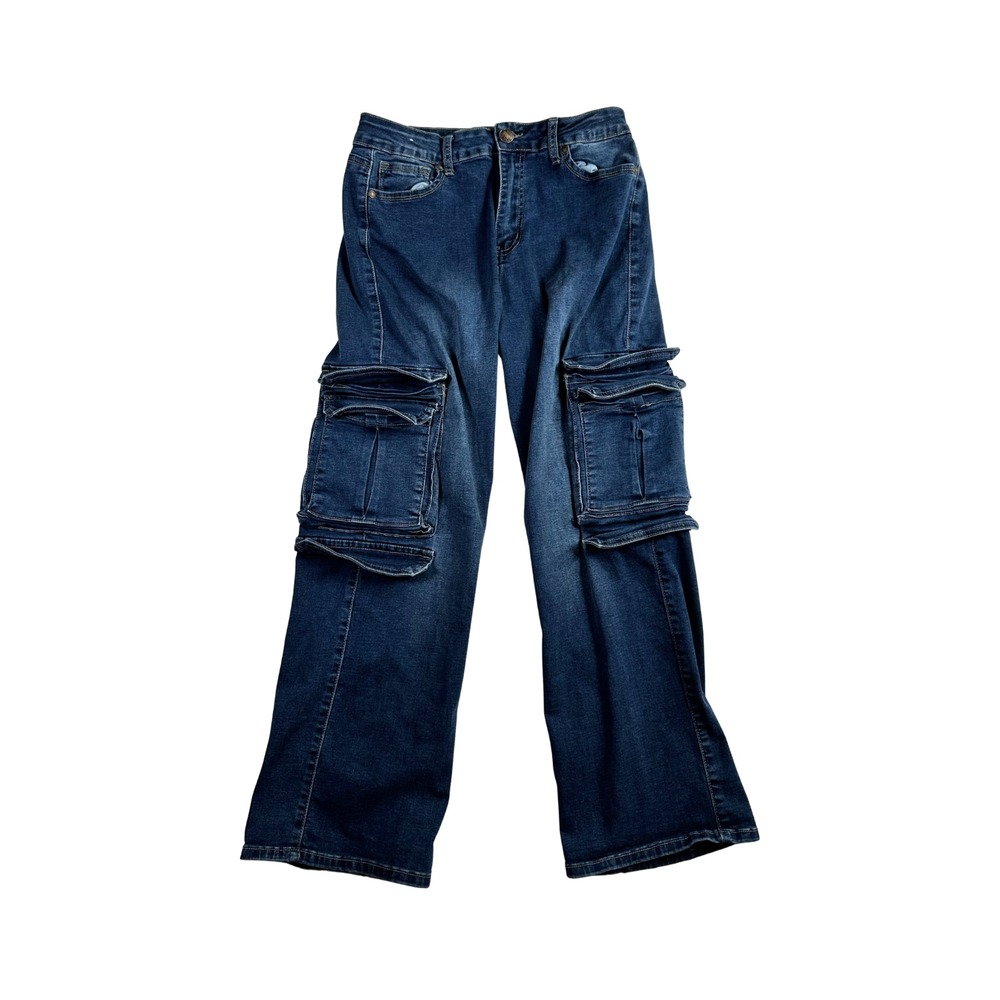 TRTR Women Dark Blue Cargo Jeans Wide Leg Multi Pocket Size 11 2L433489 Y2K